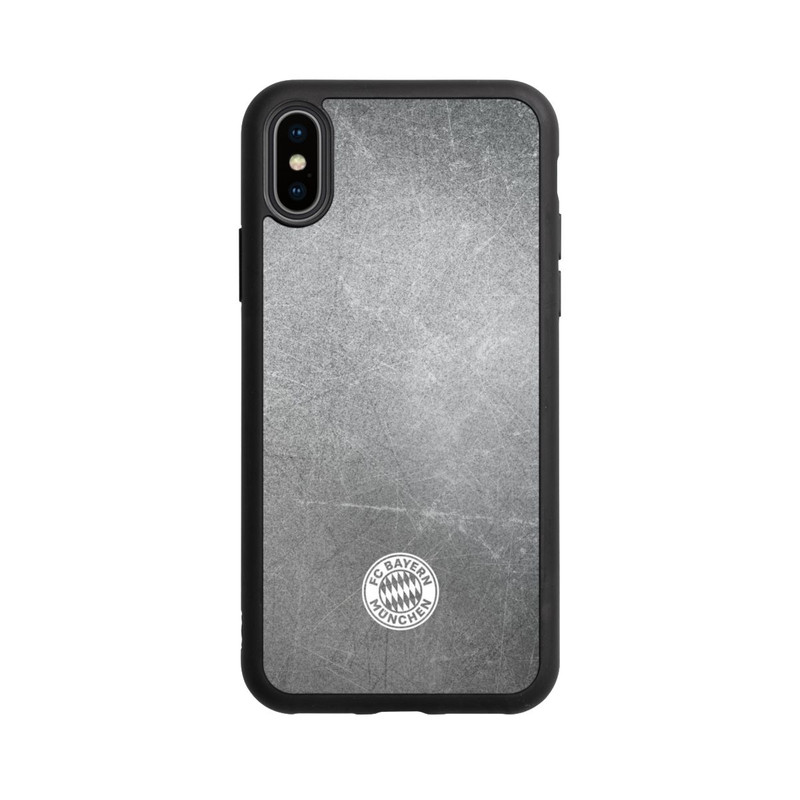 iPhone Xs Base Case Klassisches FCB Logo Klein - Weiß auf Metalllook