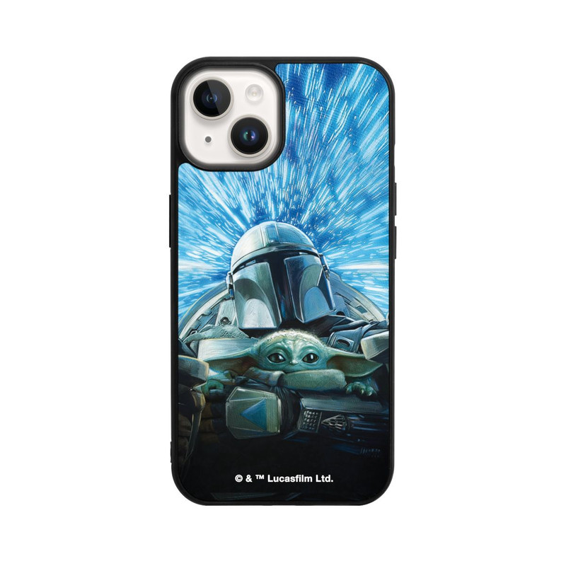 iPhone 14 Base Case Grogu und Mando fliegen blau