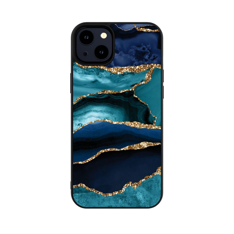 iPhone 14 Plus Base Case Dark and Light Blue Marble Gold Glitter Look