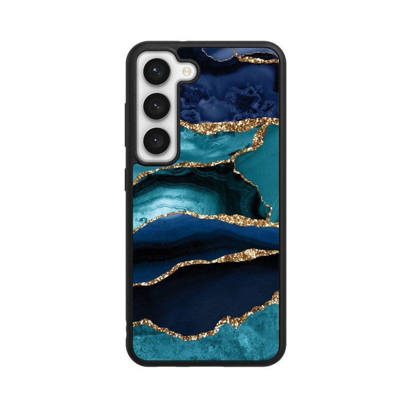 Galaxy S23 Base Case Dark and Light Blue Marble Gold Glitter Look