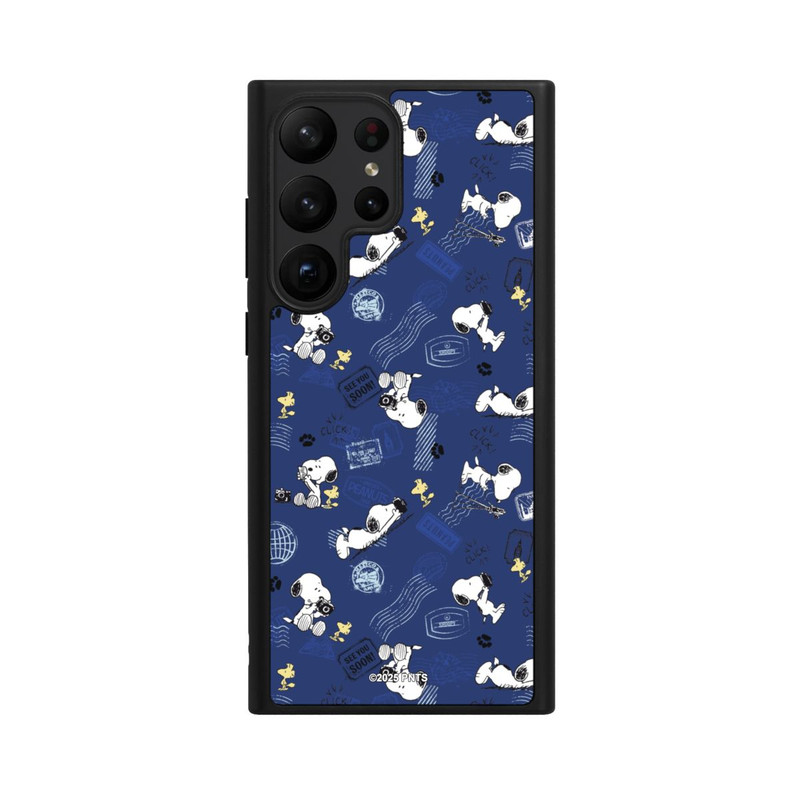 Galaxy S23 Ultra Base Case Peanuts Travel Stamps Pattern Blue