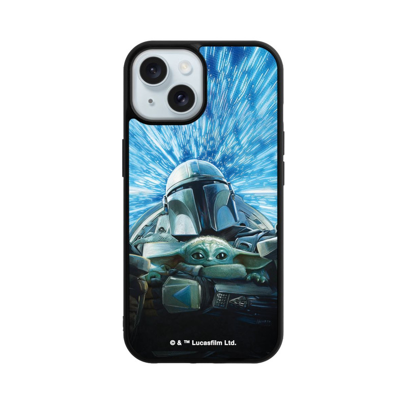 iPhone 15 Base Case Grogu und Mando fliegen blau