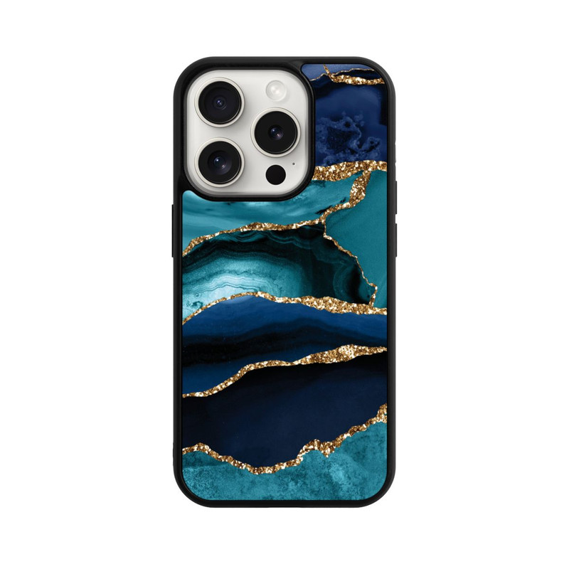 iPhone 15 Pro Base Case Dark and Light Blue Marble Gold Glitter Look