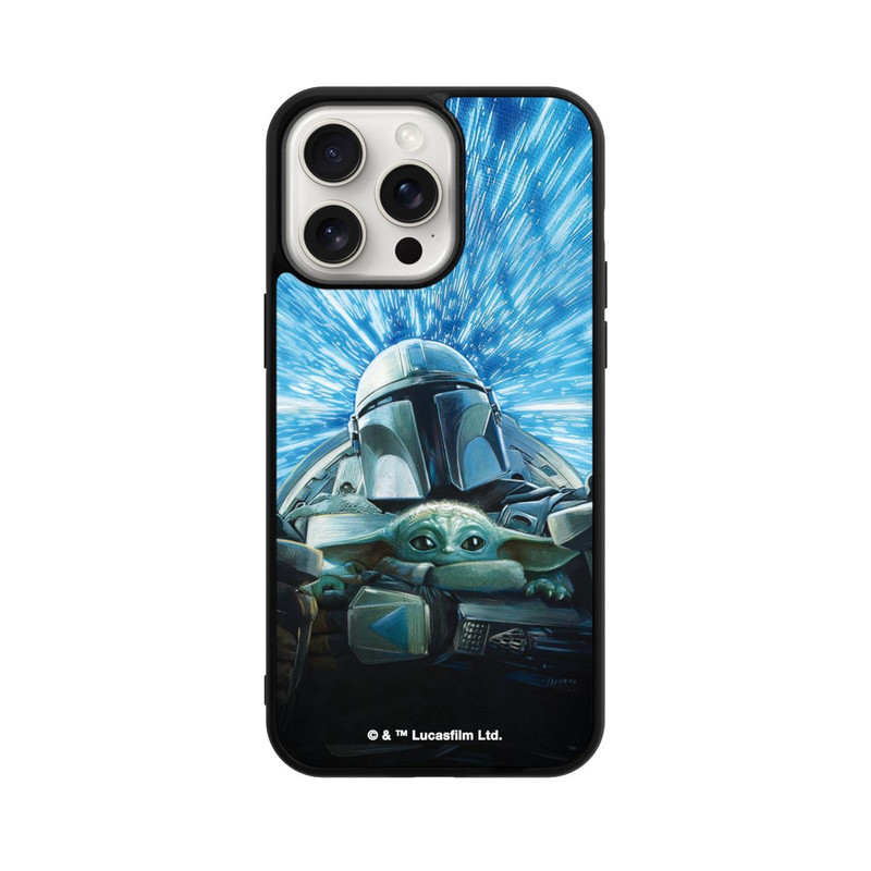 iPhone 15 Pro Max Base Case Grogu und Mando fliegen blau
