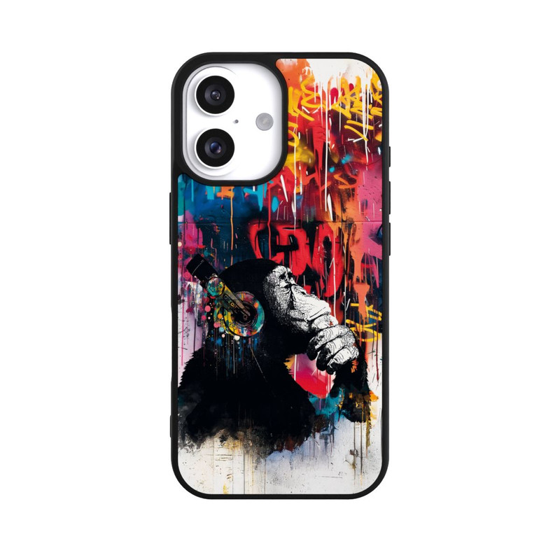iPhone 16 Base Case Affe Stereo Kopfhörer Graffiti Street Art Blau