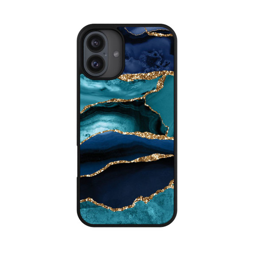 Apple iPhone 16 Plus Base Case Dark and Light Blue Marble Gold Glitter Look
