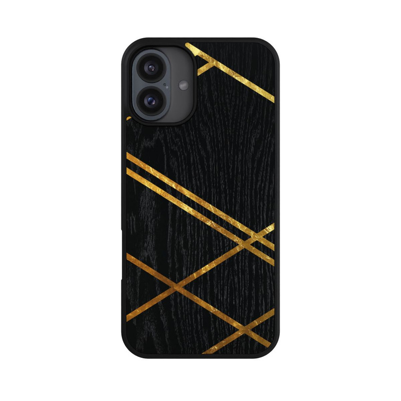 iPhone 16 Plus Base Case Schwarzes geometrisches Muster Goldene Streifen