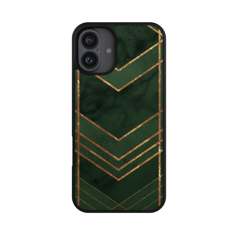 iPhone 16 Plus Base Case Dunkelgrün gemustert Goldene Streifen