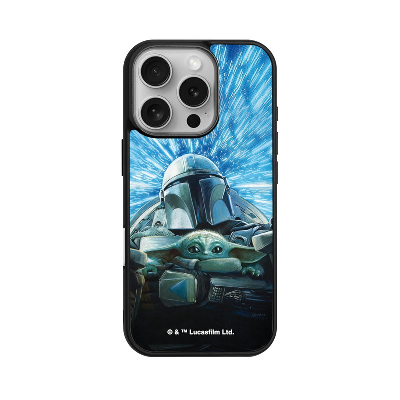 iPhone 16 Pro Base Case Grogu und Mando fliegen blau