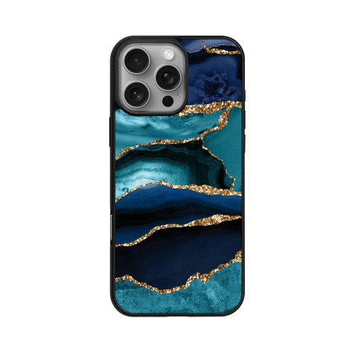 Apple iPhone 16 Pro Max Base Case Dark and Light Blue Marble Gold Glitter Look