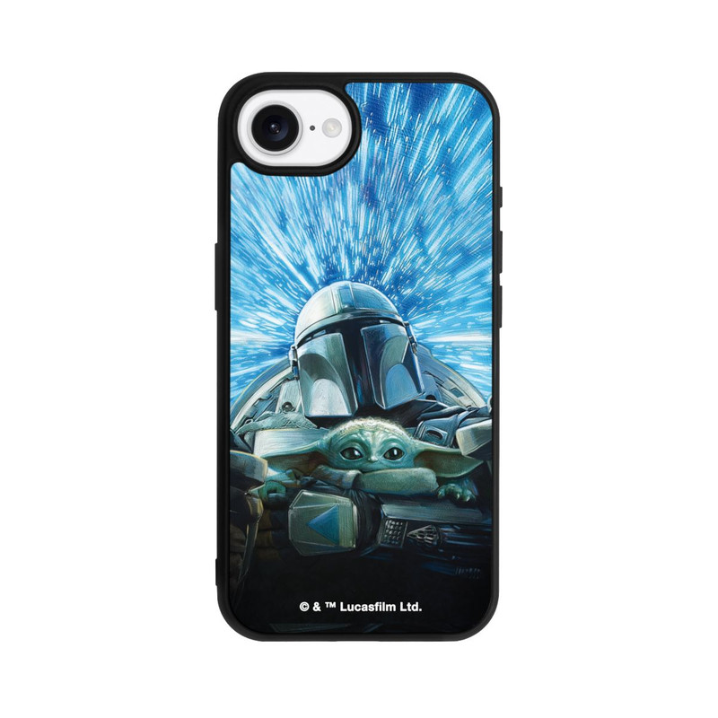 iPhone 16e Base Case Grogu und Mando fliegen blau