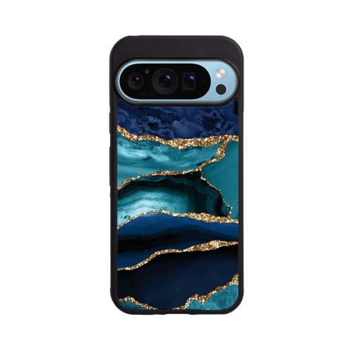 Google Pixel 9 Pro XL Base Case Dark and Light Blue Marble Gold Glitter Look