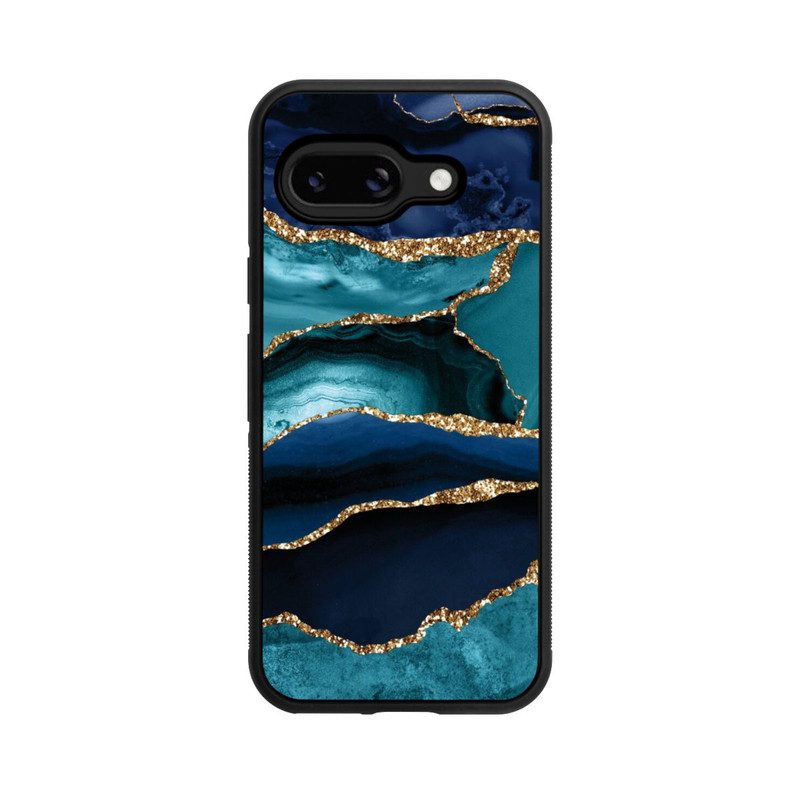 Pixel 9a Base Case Dark and Light Blue Marble Gold Glitter Look