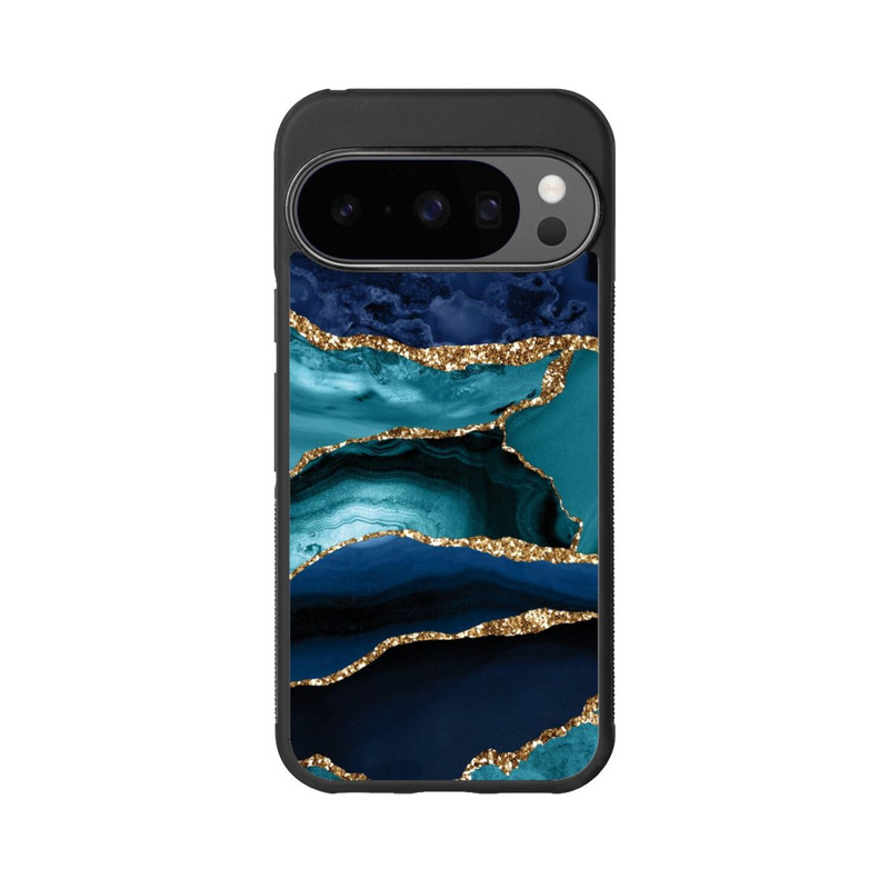 Pixel 10 Pro Base Case Dark and Light Blue Marble Gold Glitter Look