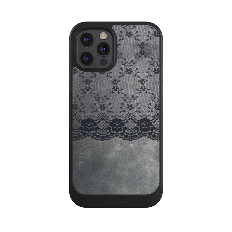 iPhone 12 Pro NIVOcore Schwarzes Spitzenmuster auf grauem Hintergrund