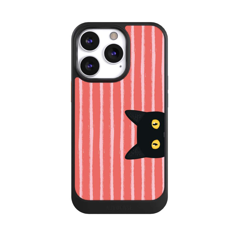 iPhone 13 Pro NIVOcore Chat noir sur fond rayé orange