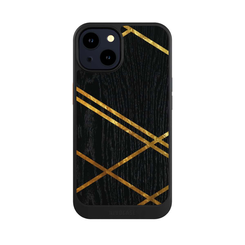 iPhone 14 NIVOcore Noir Motif géométrique Rayures dorées