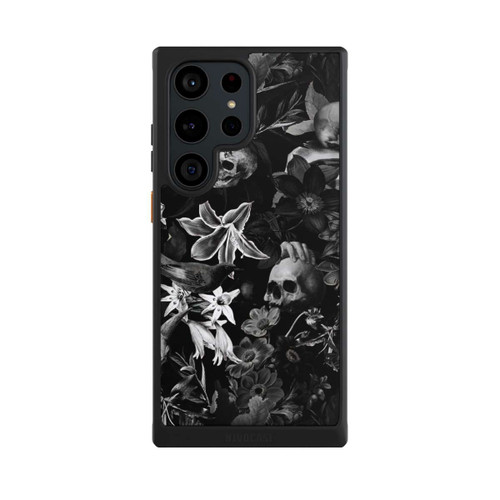Samsung Galaxy S23 Ultra NIVOcore Totenköpfe und Blumen auf schwarzem Hintergrund