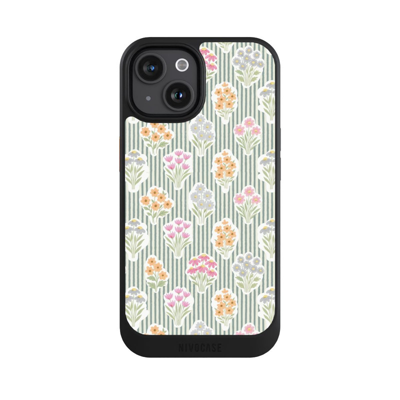 iPhone 15 NIVOcore Ditsy Flower Sticker Bouquets on Blue and Cream Pinstripes