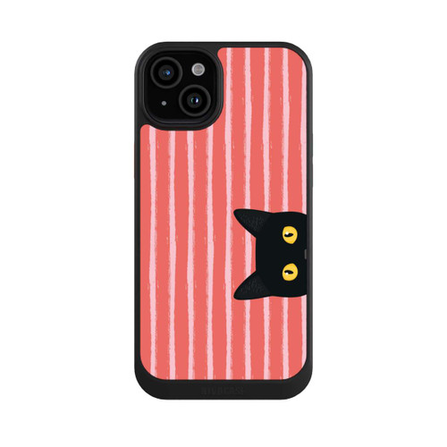 Apple iPhone 15 Plus NIVOcore Chat noir sur fond rayé orange