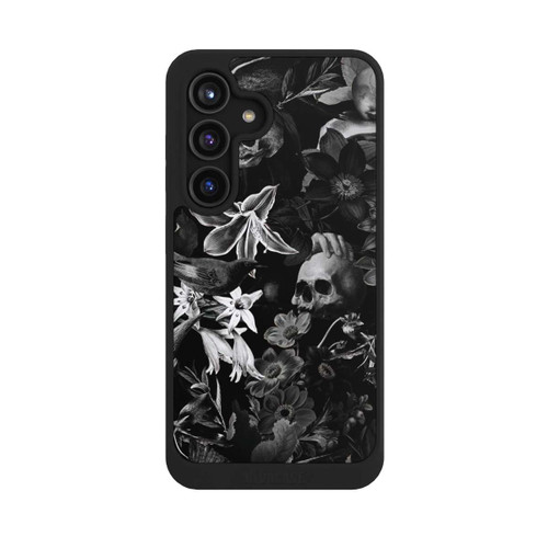 Samsung Galaxy S24 NIVOcore Totenköpfe und Blumen auf schwarzem Hintergrund