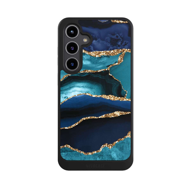 Galaxy S24 + NIVOcore Aspect pailleté doré marbré bleu foncé et bleu clair