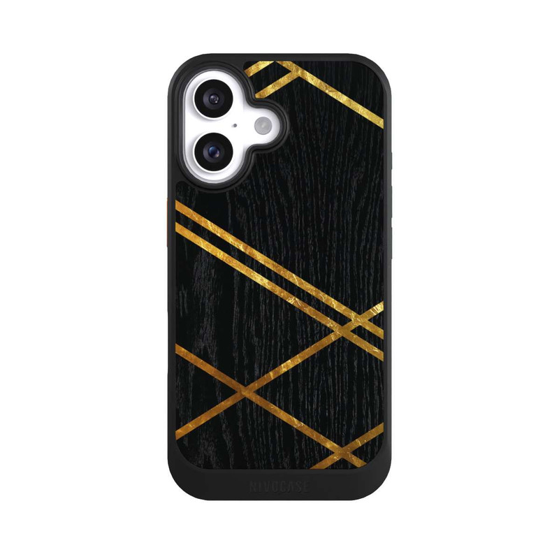 iPhone 16 NIVOcore Black Geometric Pattern Golden Stripes