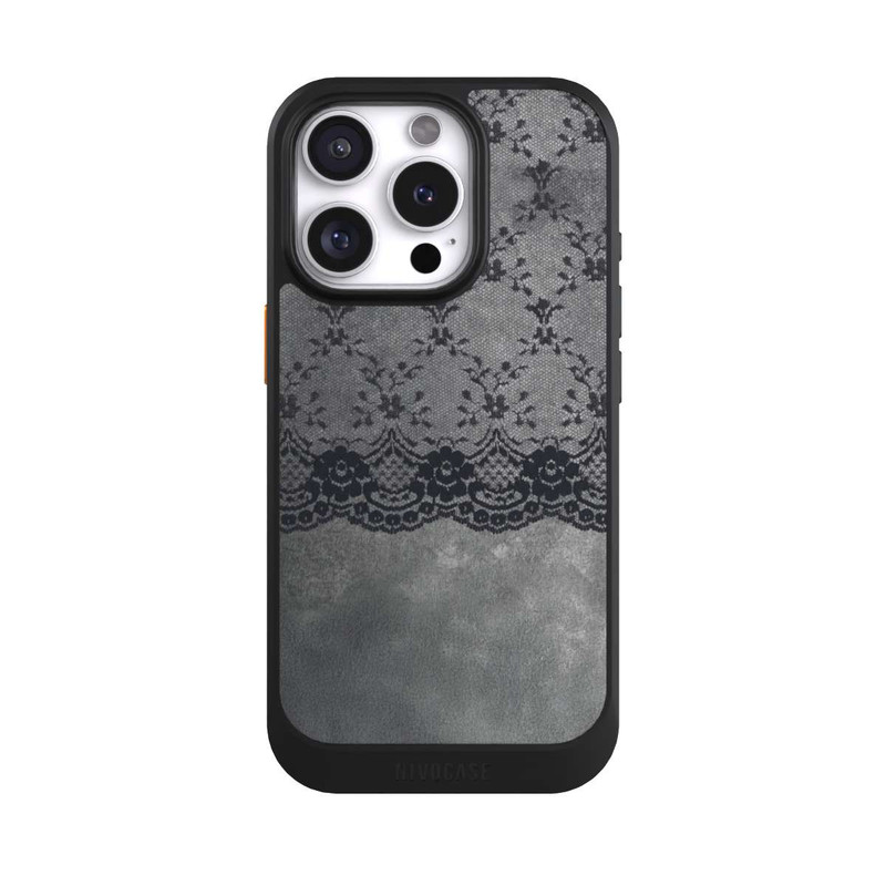 iPhone 16 Pro NIVOcore Black Lace Pattern on a Grey Background