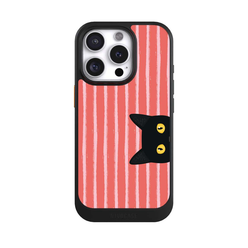 iPhone 16 Pro NIVOcore Chat noir sur fond rayé orange