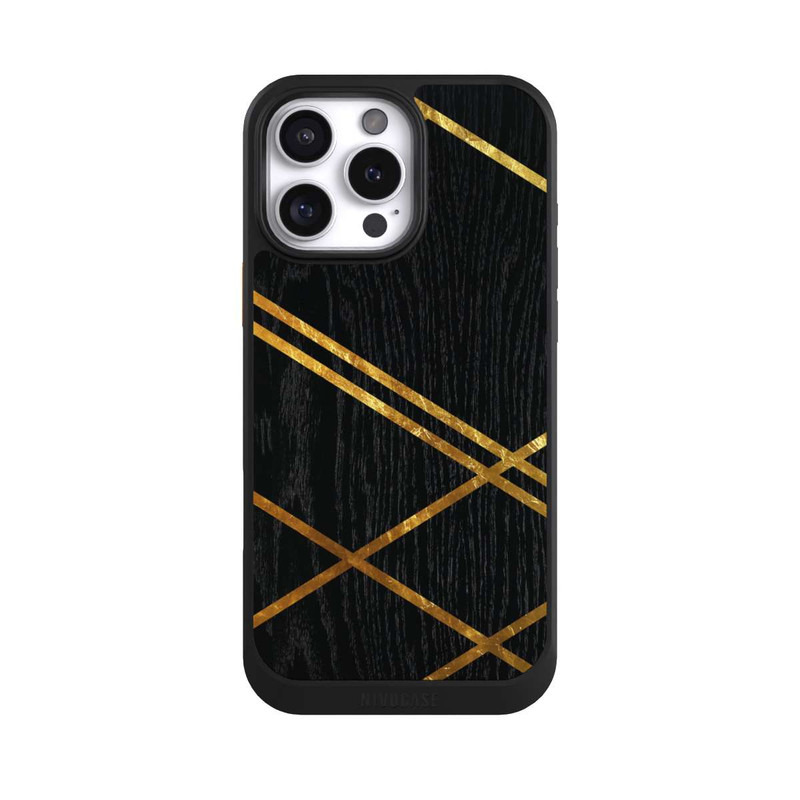 iPhone 16 Pro Max NIVOcore Black Geometric Pattern Golden Stripes