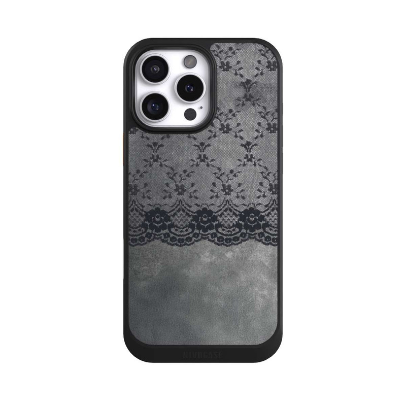 iPhone 16 Pro Max NIVOcore Motif de Dentelle Noire sur fond gris