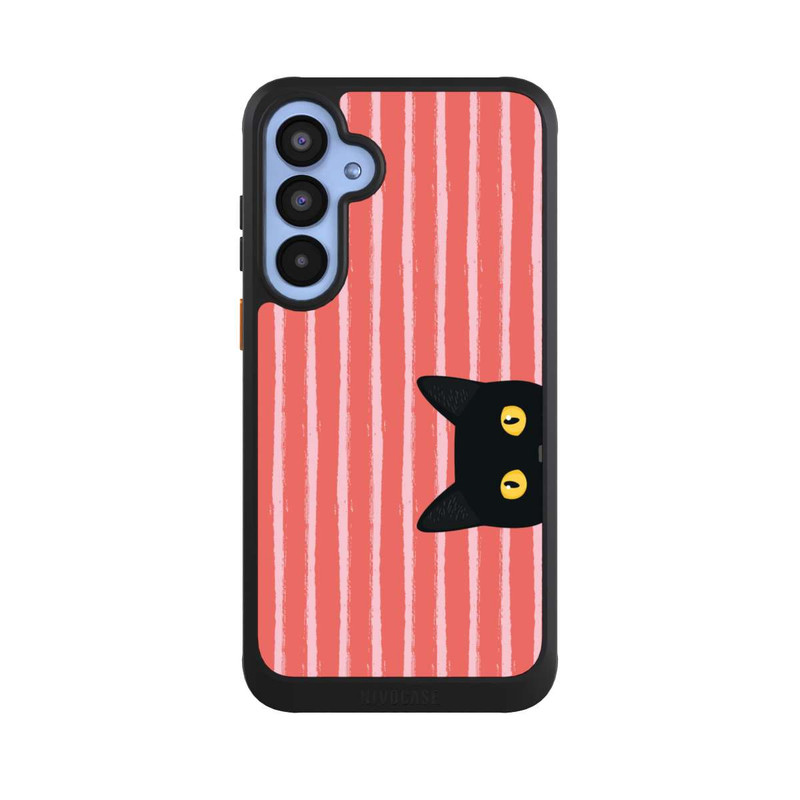 Galaxy A55 5G NIVOcore Chat noir sur fond rayé orange