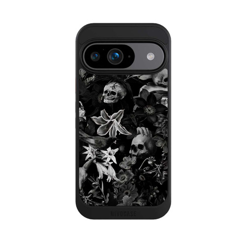 Google Pixel 9 NIVOcore Totenköpfe und Blumen auf schwarzem Hintergrund