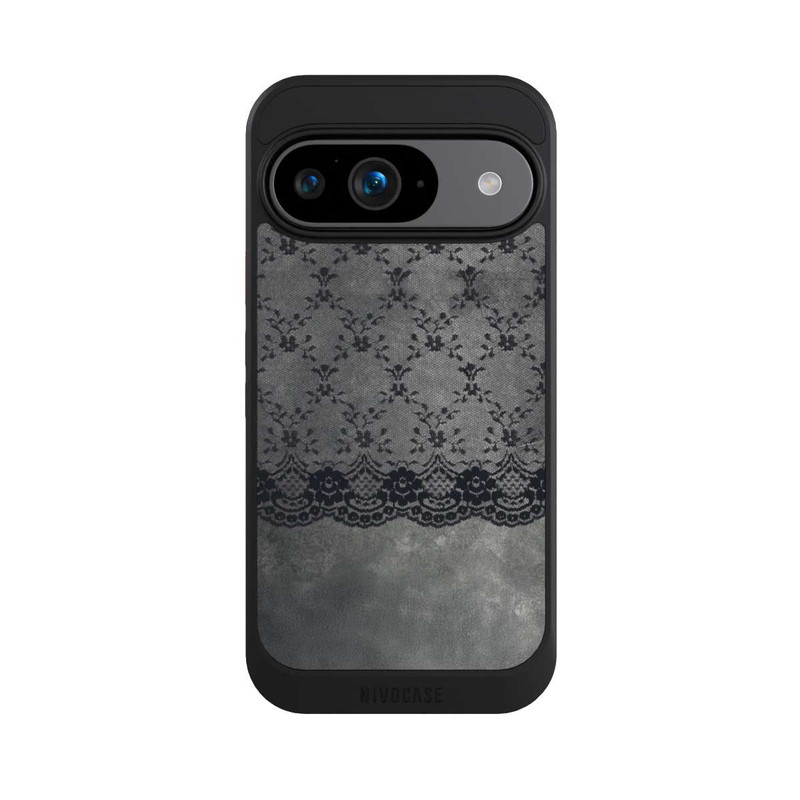 Pixel 9 NIVOcore Schwarzes Spitzenmuster auf grauem Hintergrund