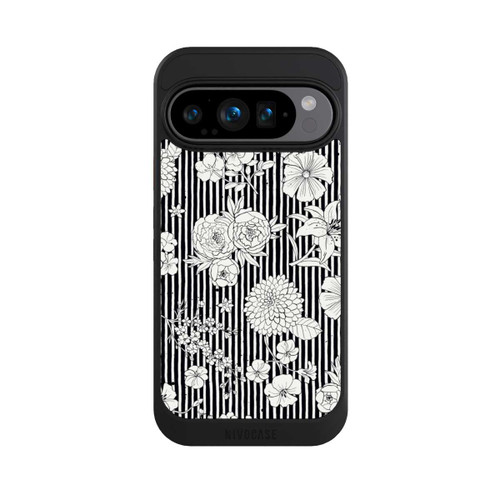 Google Pixel 9 Pro NIVOcore Blumen und Streifen Schwarz und Weiß