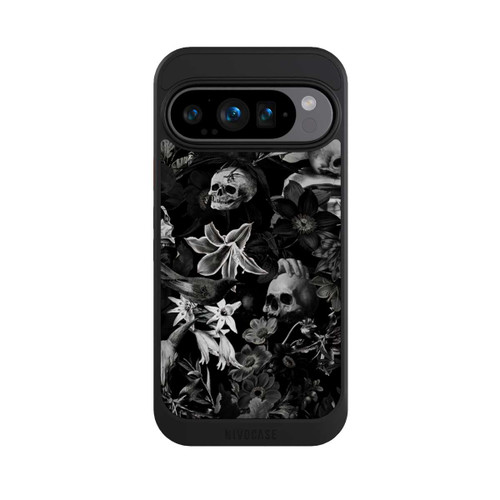Google Pixel 9 Pro NIVOcore Totenköpfe und Blumen auf schwarzem Hintergrund