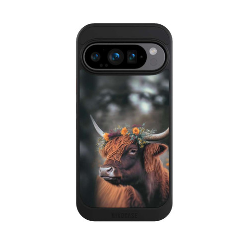 Google Pixel 9 Pro NIVOcore Vache des Highlands avec des fleurs avec IA