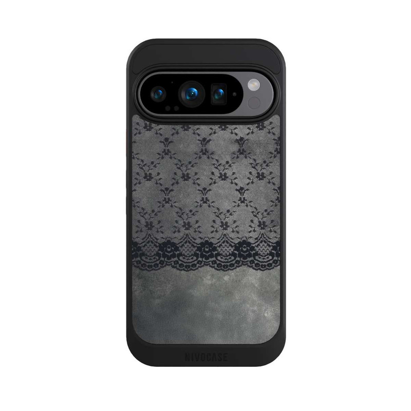 Pixel 9 Pro NIVOcore Schwarzes Spitzenmuster auf grauem Hintergrund