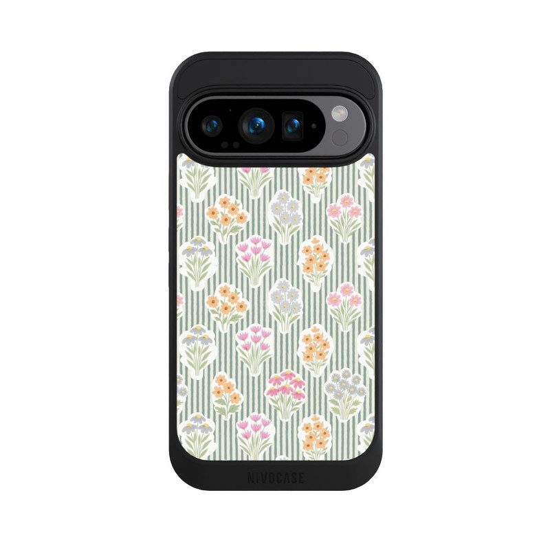 Pixel 9 Pro NIVOcore Ditsy Flower Sticker Bouquets on Blue and Cream Pinstripes