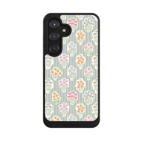 Samsung Galaxy S25 NIVOcore Ditsy Flower Sticker Bouquets on Blue and Cream Pinstripes