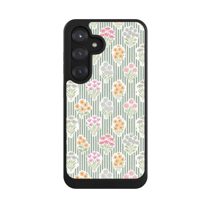 Galaxy S25 NIVOcore Ditsy Flower Sticker Bouquets on Blue and Cream Pinstripes