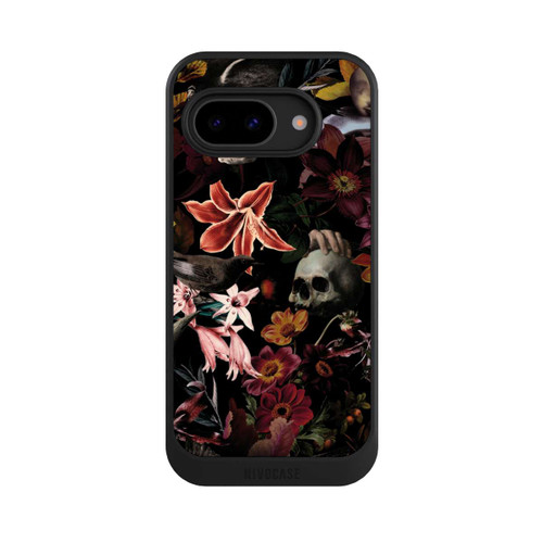 Google Pixel 9a NIVOcore Totenköpfe und Blumen auf dunklem Hintergrund