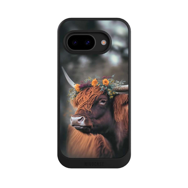 Pixel 9a NIVOcore Vache des Highlands avec des fleurs avec IA