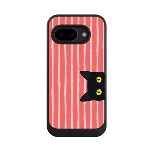 Google Pixel 9a NIVOcore Chat noir sur fond rayé orange