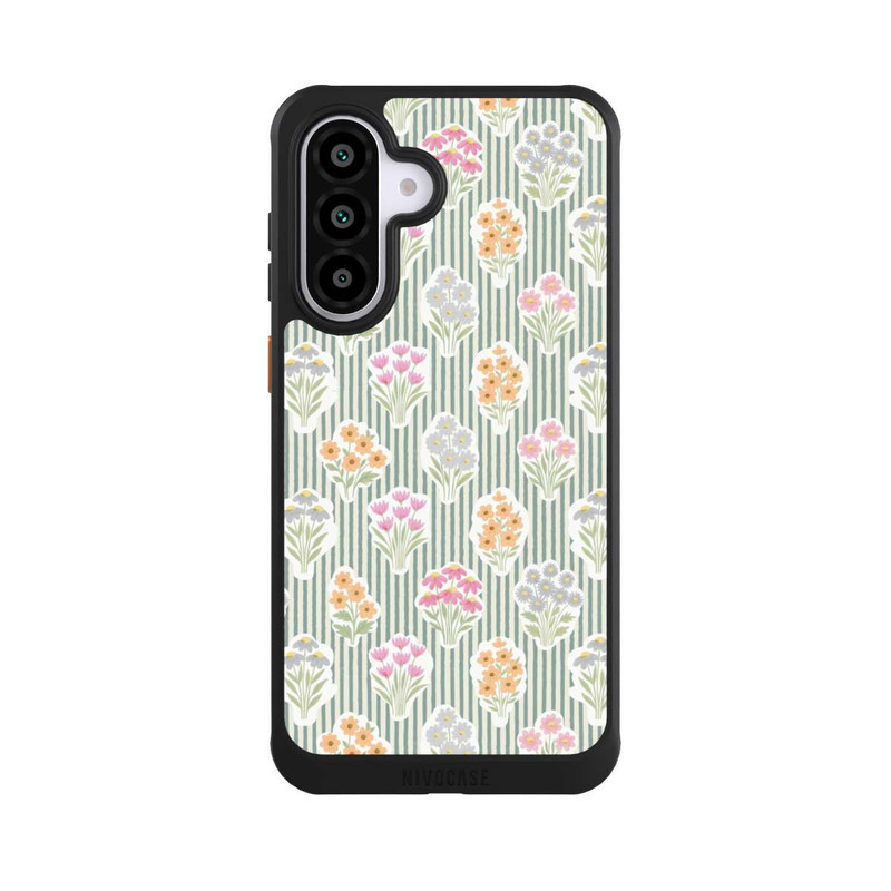 Galaxy A56 5G NIVOcore Ditsy Flower Sticker Bouquets on Blue and Cream Pinstripes