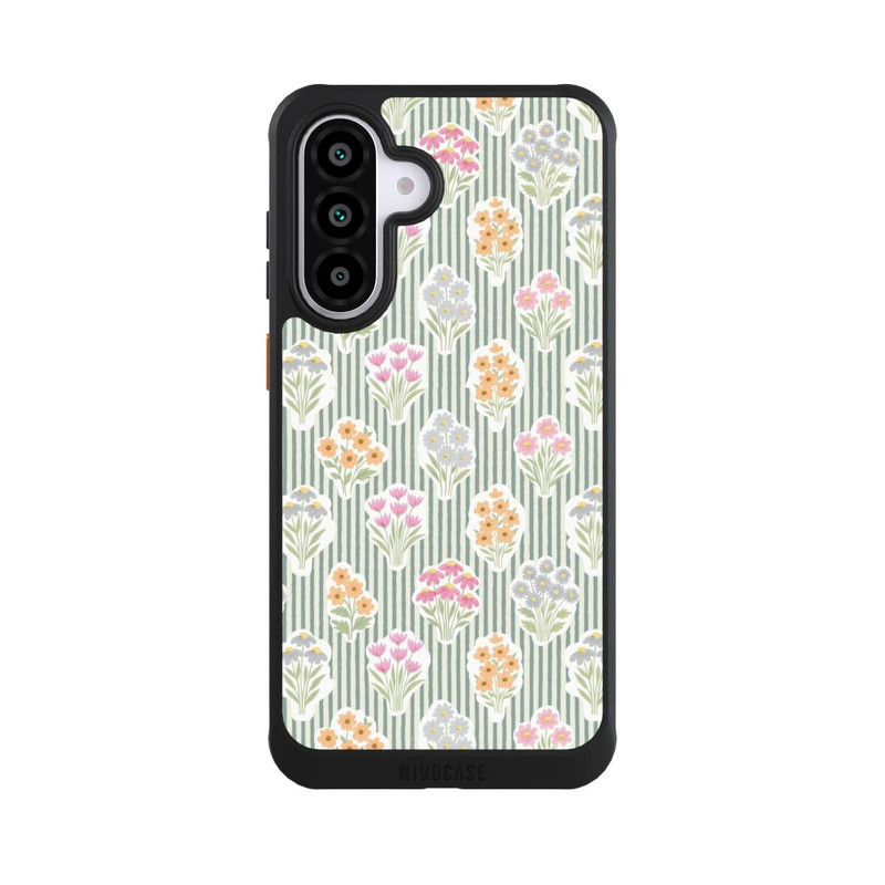 Galaxy A56 5G NIVOcore Ditsy Flower Sticker Bouquets on Blue and Cream Pinstripes
