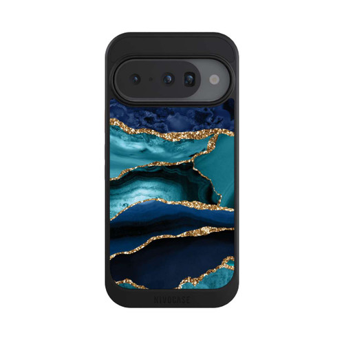 Google Pixel 10 NIVOcore Dark and Light Blue Marble Gold Glitter Look
