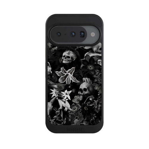 Google Pixel 10 NIVOcore Totenköpfe und Blumen auf schwarzem Hintergrund