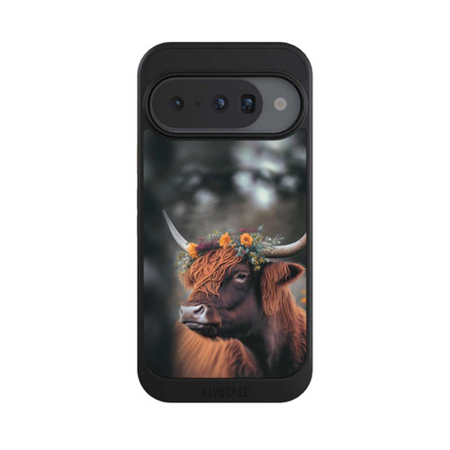 Google Pixel 10 NIVOcore Vache des Highlands avec des fleurs avec IA