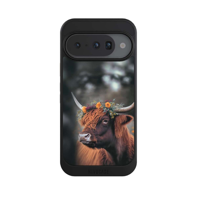Pixel 10 NIVOcore Vache des Highlands avec des fleurs avec IA